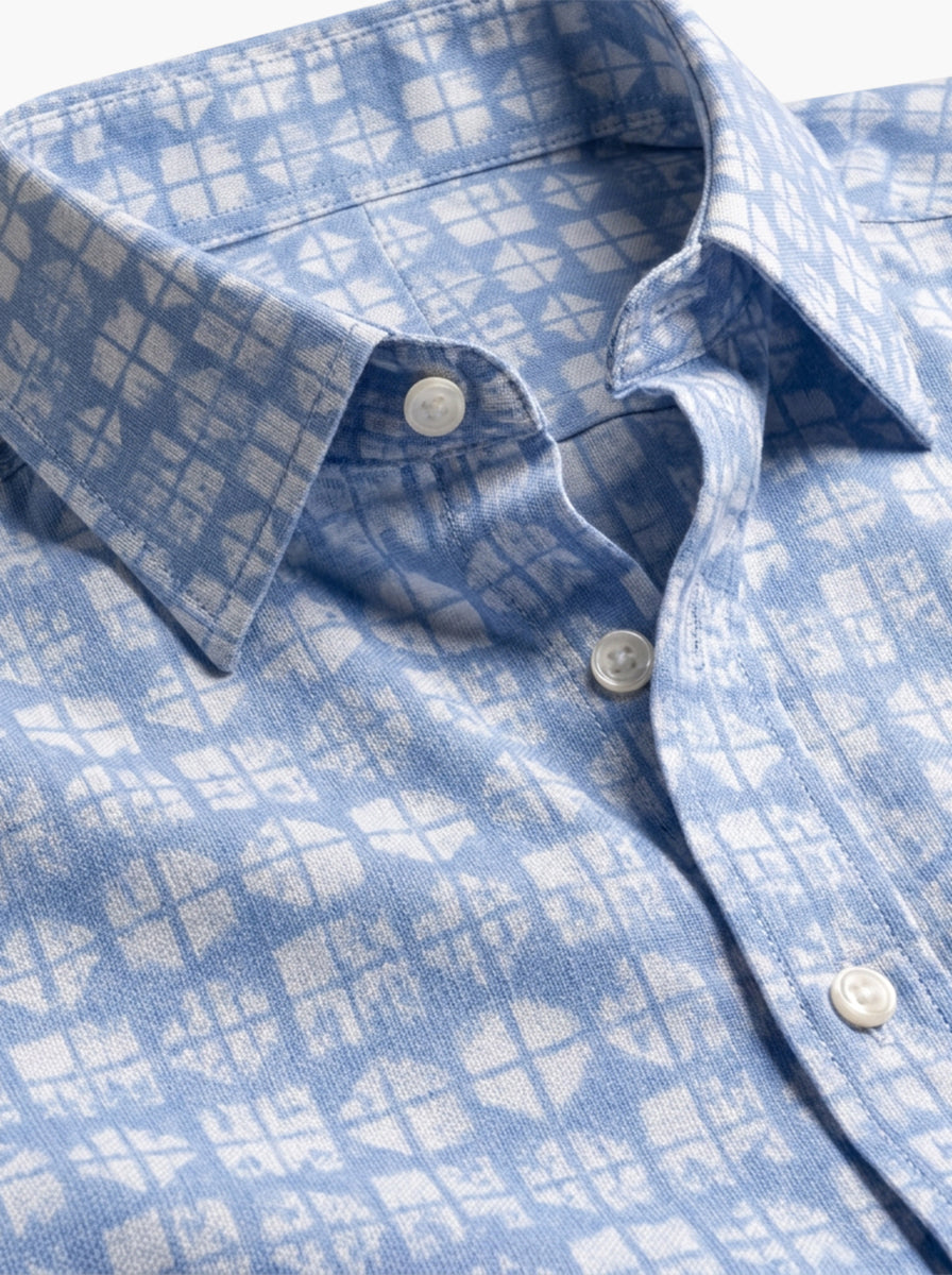 Sky Blue & White Patterned Cotton Lycra Shirt