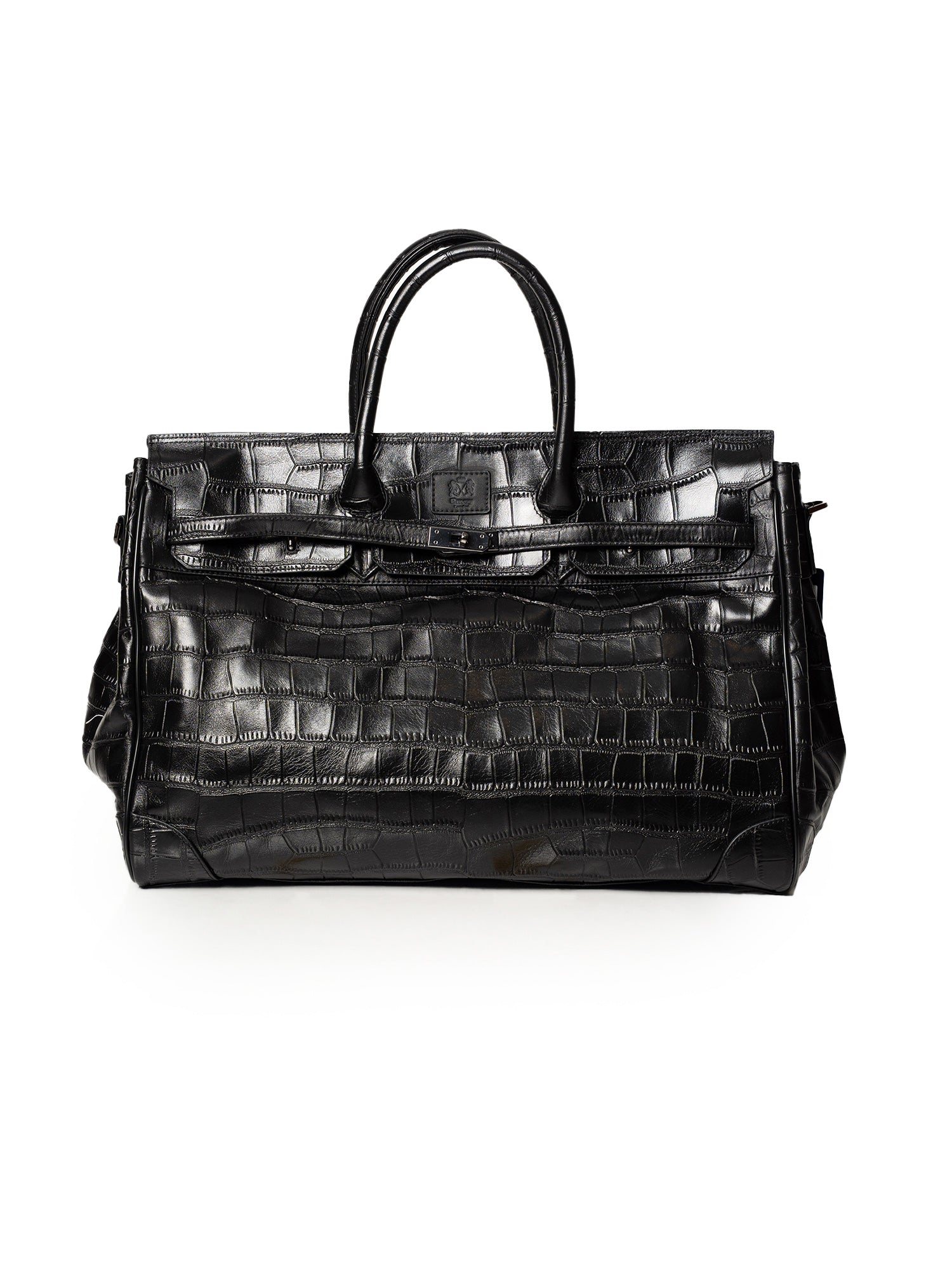 Black Crocodile Embossed Full-Grain Leather Travel Bag