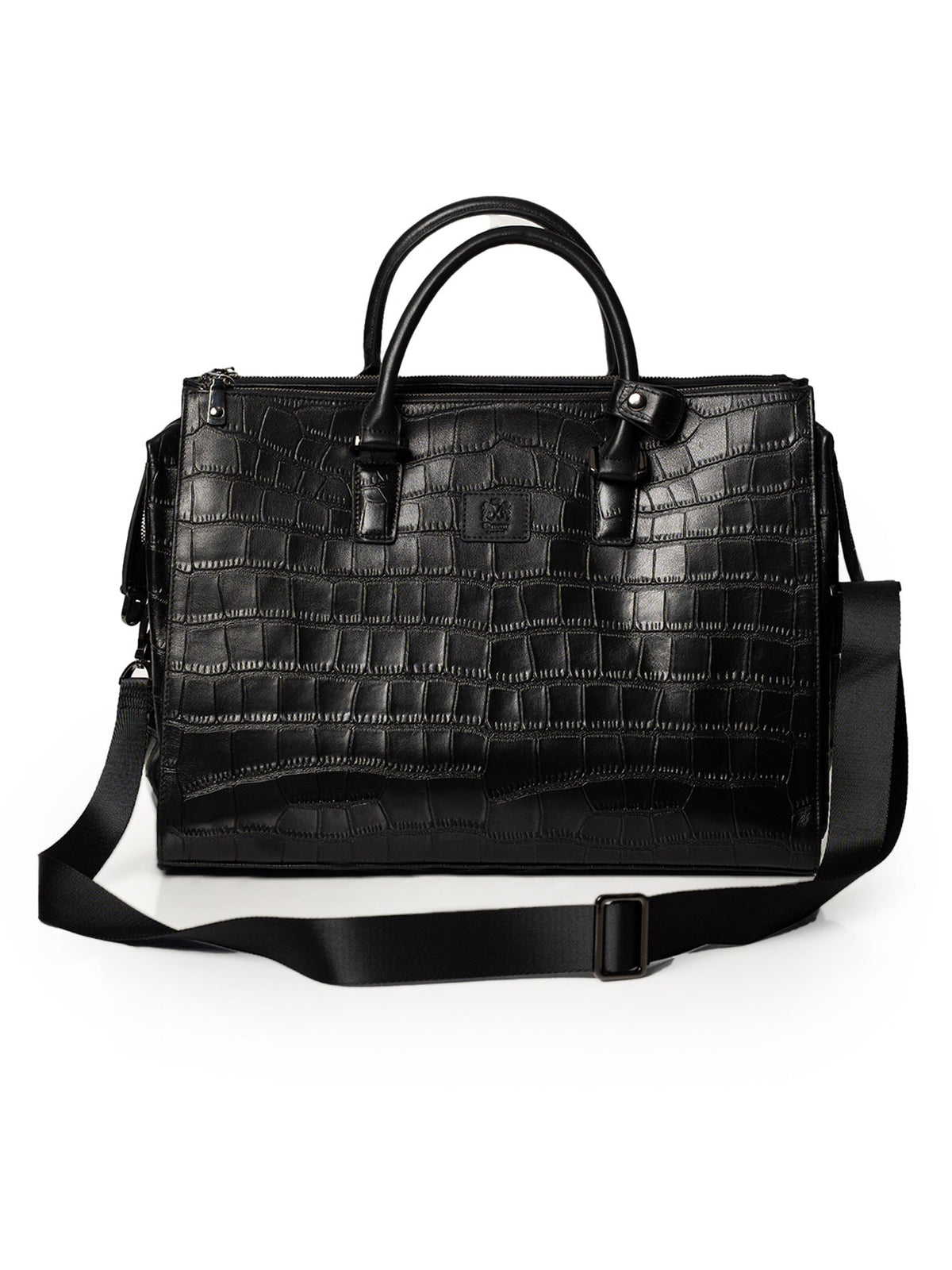 Black Crocodile Embossed Full-Grain Leather Travel & Messenger Bag