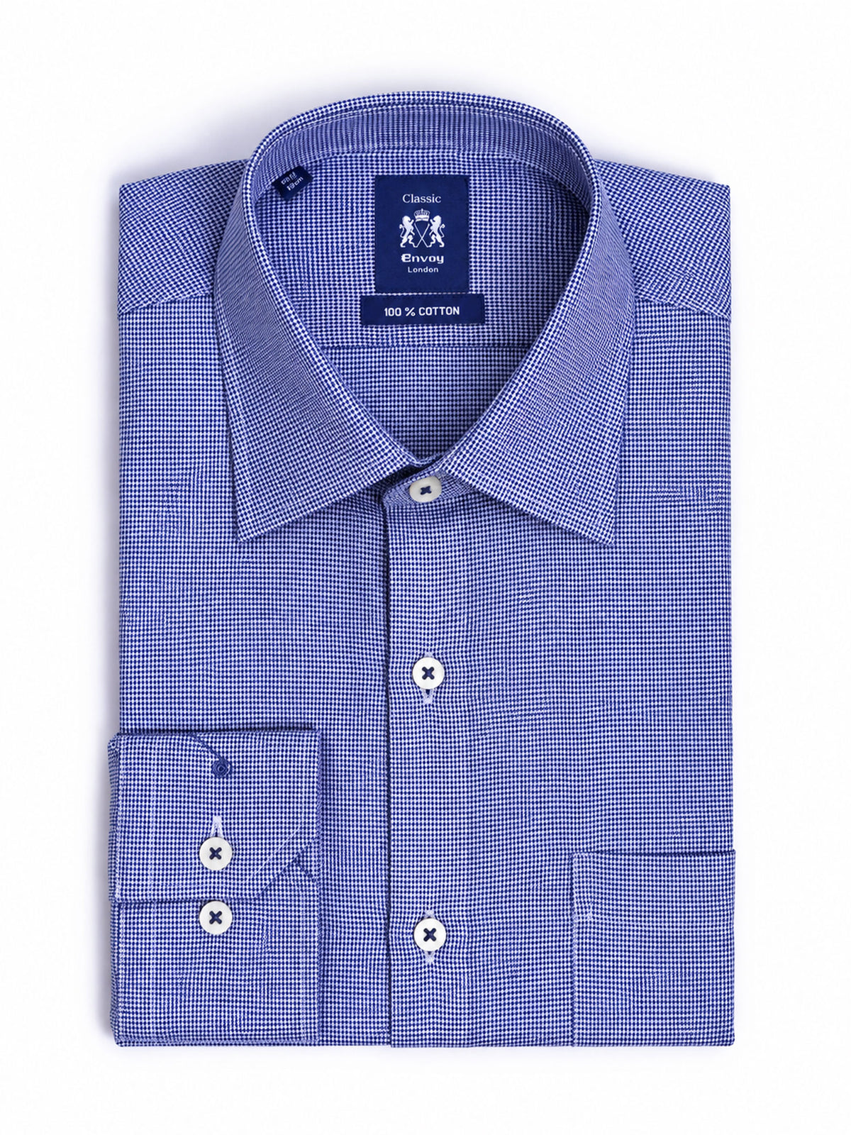 Dark Blue Houndstooth Cotton Tailored Fit Shirt
