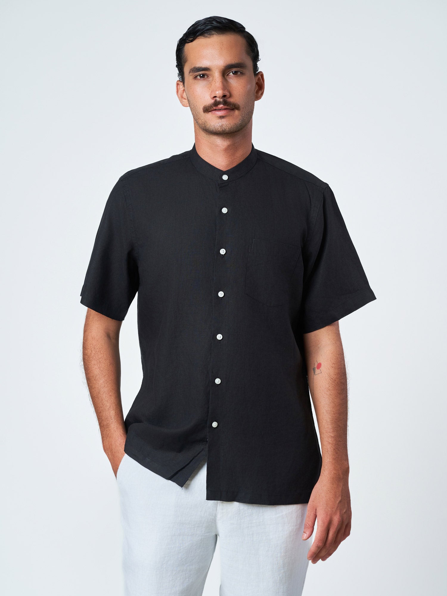 Black Plain Short Sleeve Tunic Collar Shirt