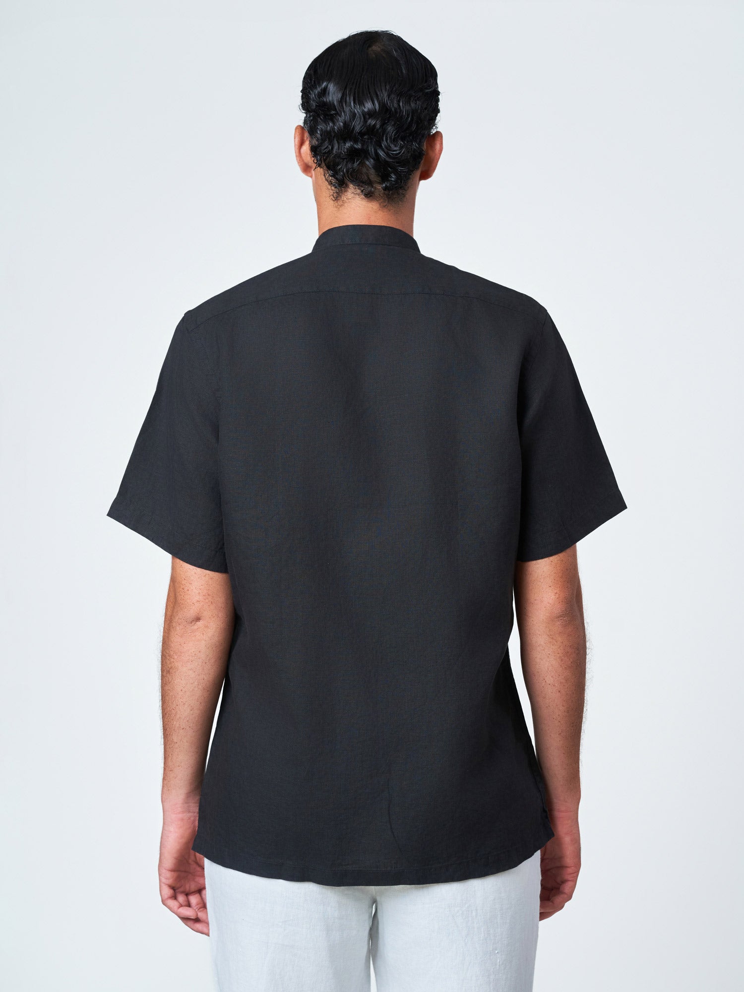 Black Plain Short Sleeve Tunic Collar Shirt