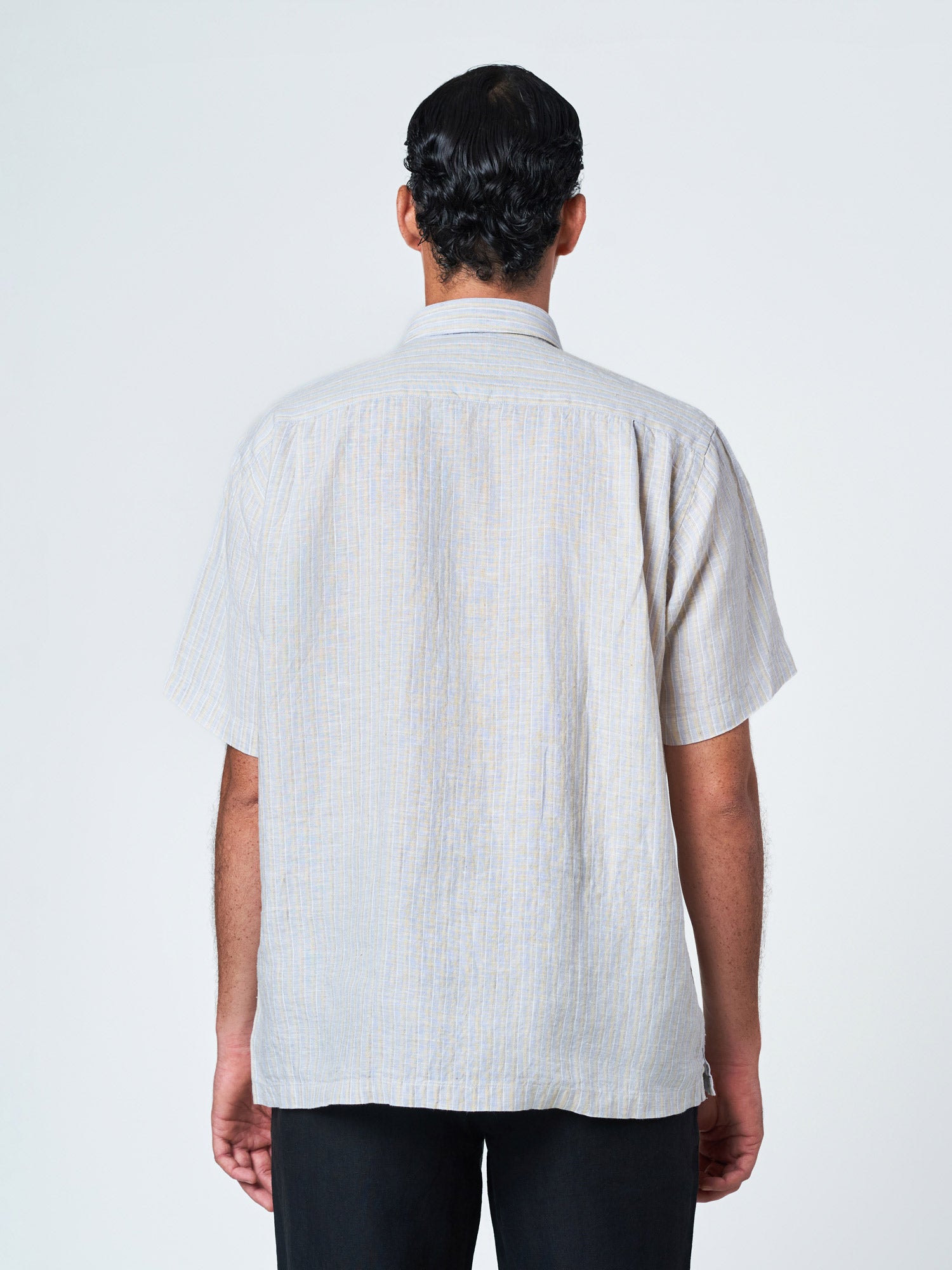 Grey Striped Short Sleeve Linen Shirt