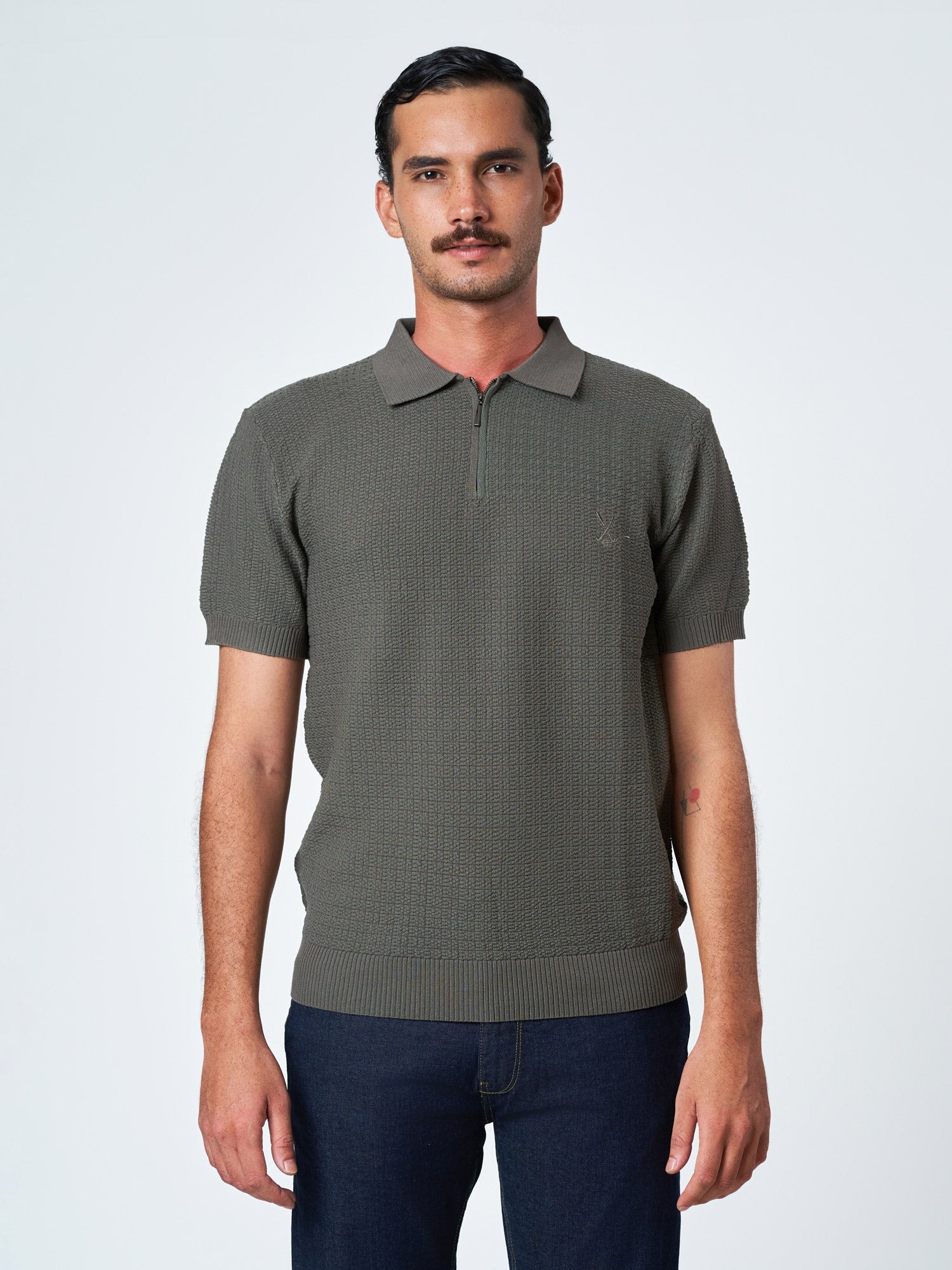 Grey Textured Polo Short Sleeve T-Shirt with Zip