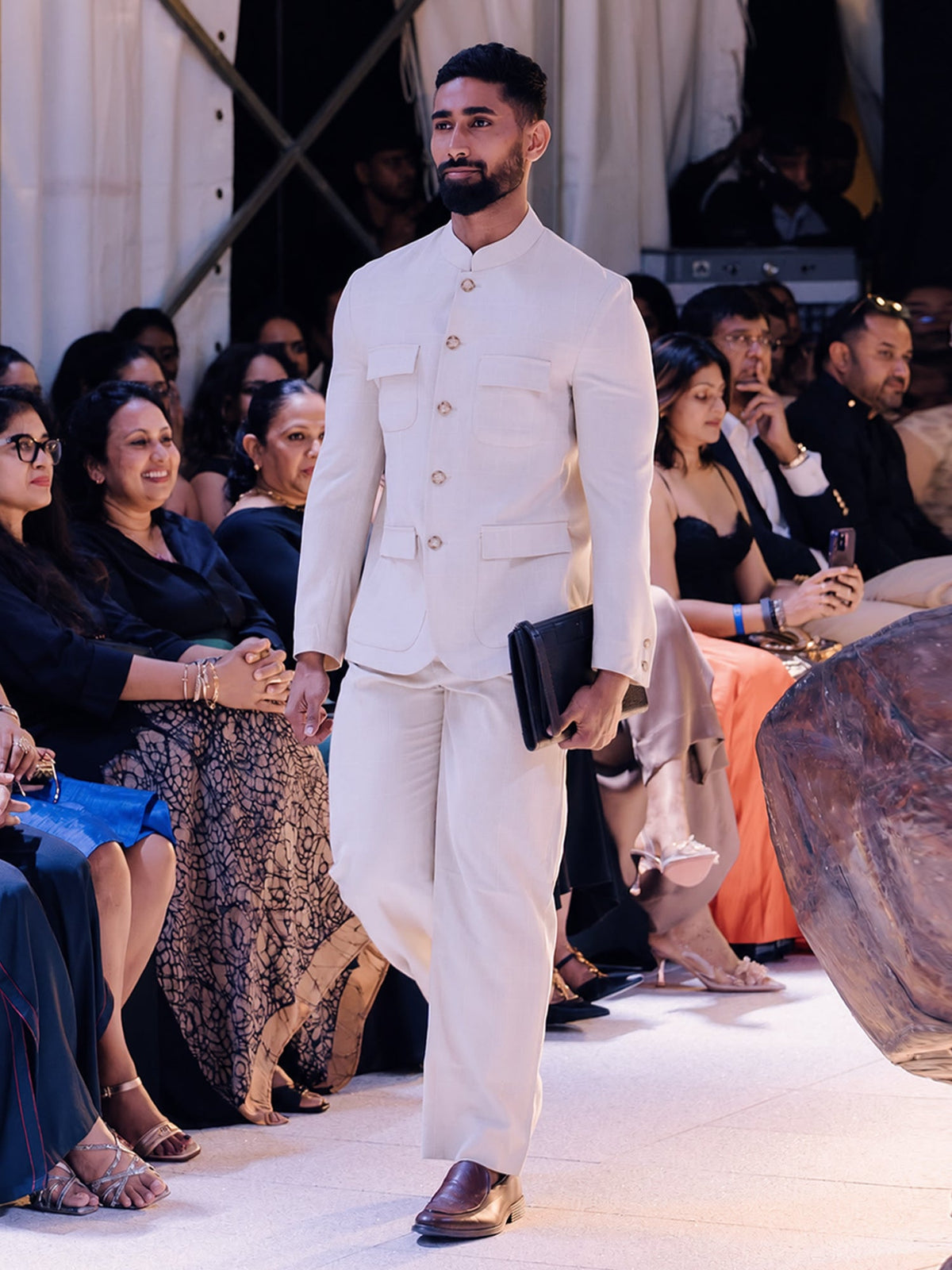 Beige Checked Seersucker Tailored Jacket