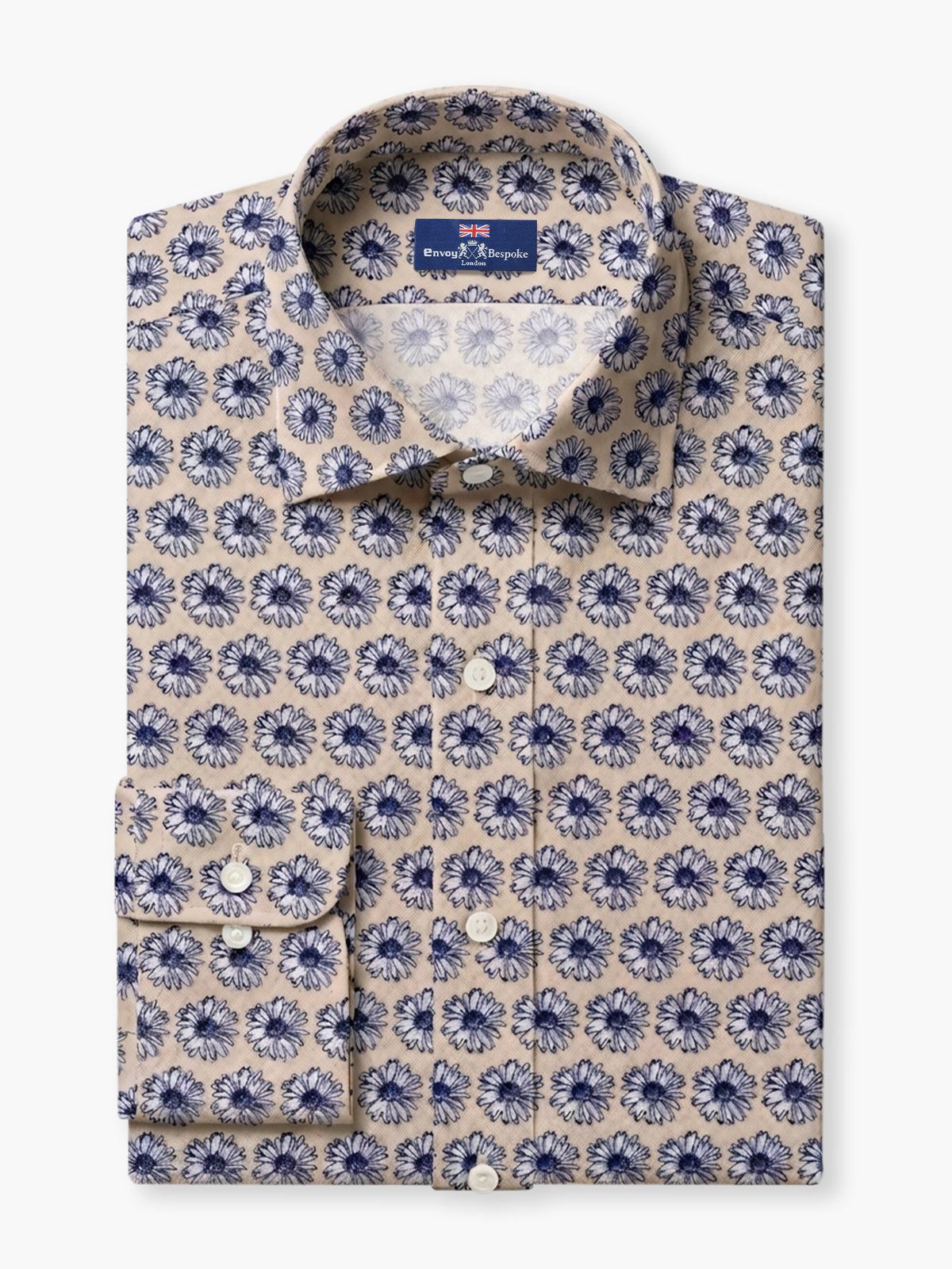 Beige Navy Floral Cotton Lycra Custom Shirt