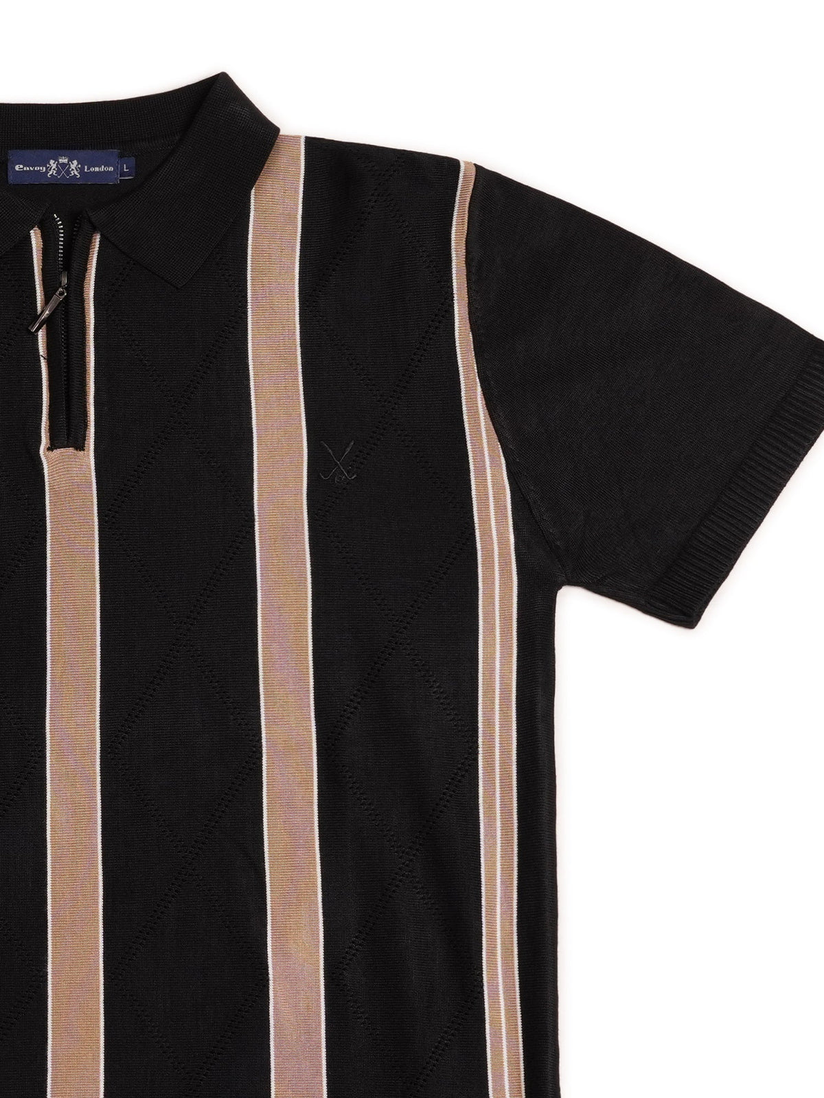 Black Contrast Stripe Geometric Knit Polo Shirt