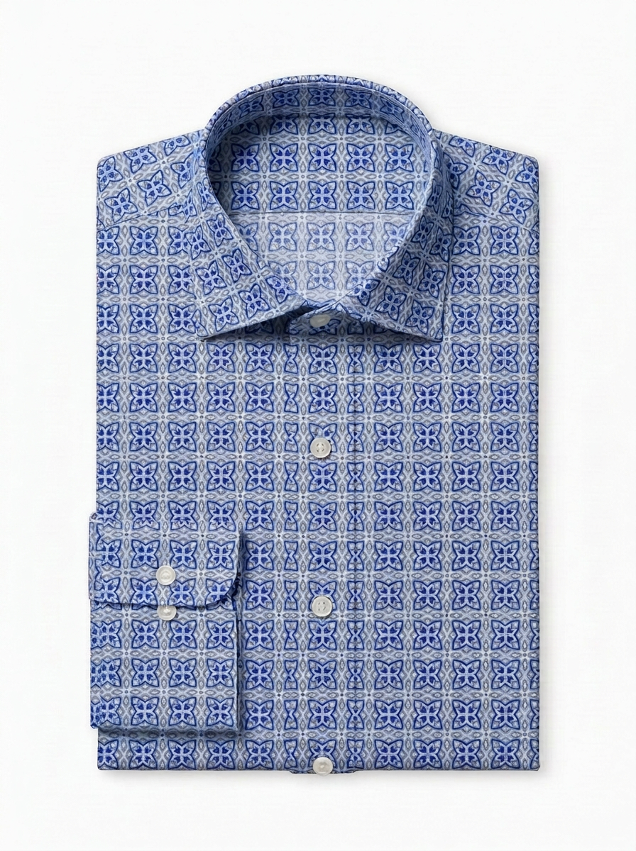 Blue Geometric Cotton Poplin Custom Shirt