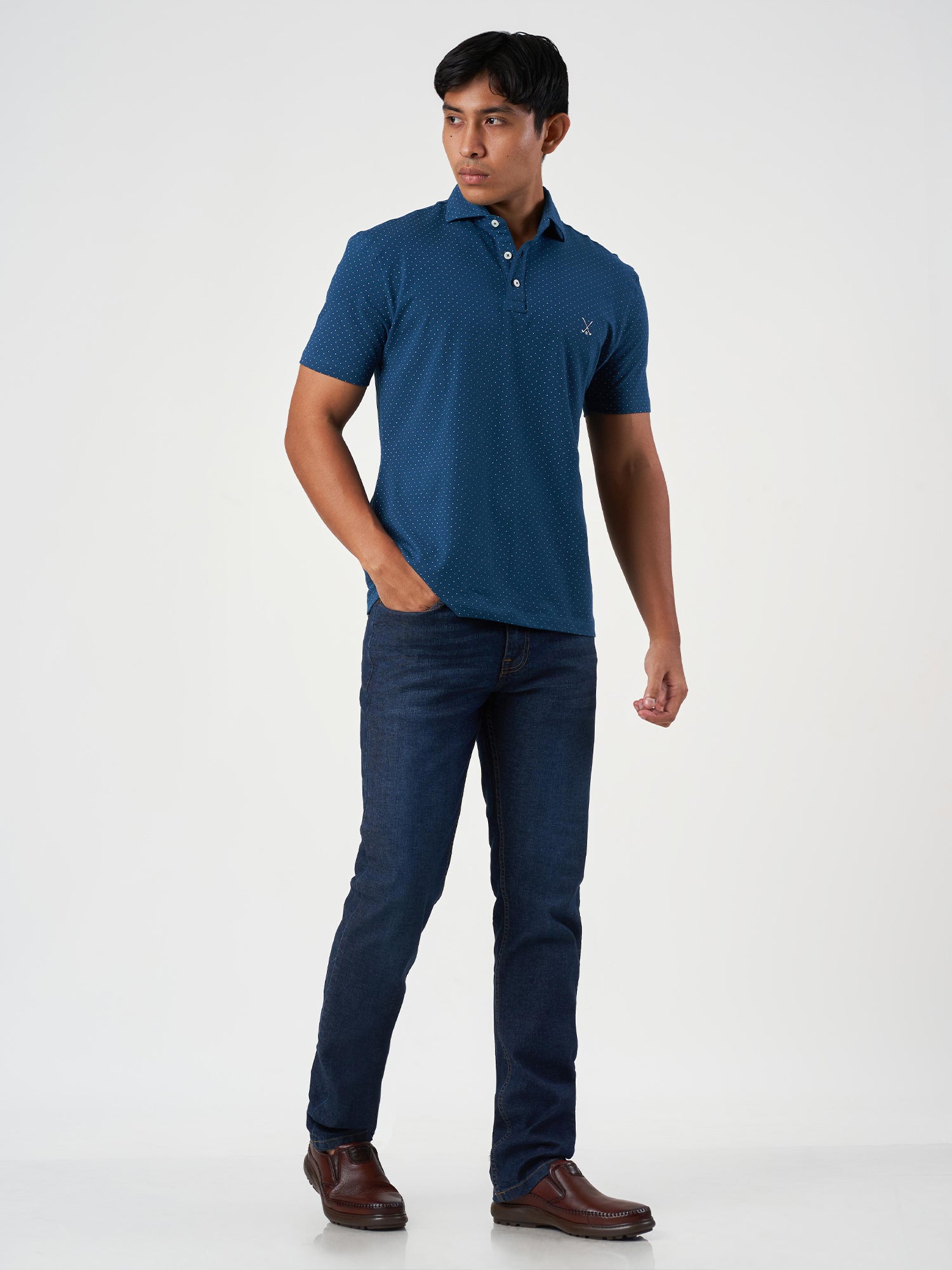 Blue Printed Cotton Lycra Polo T-Shirt