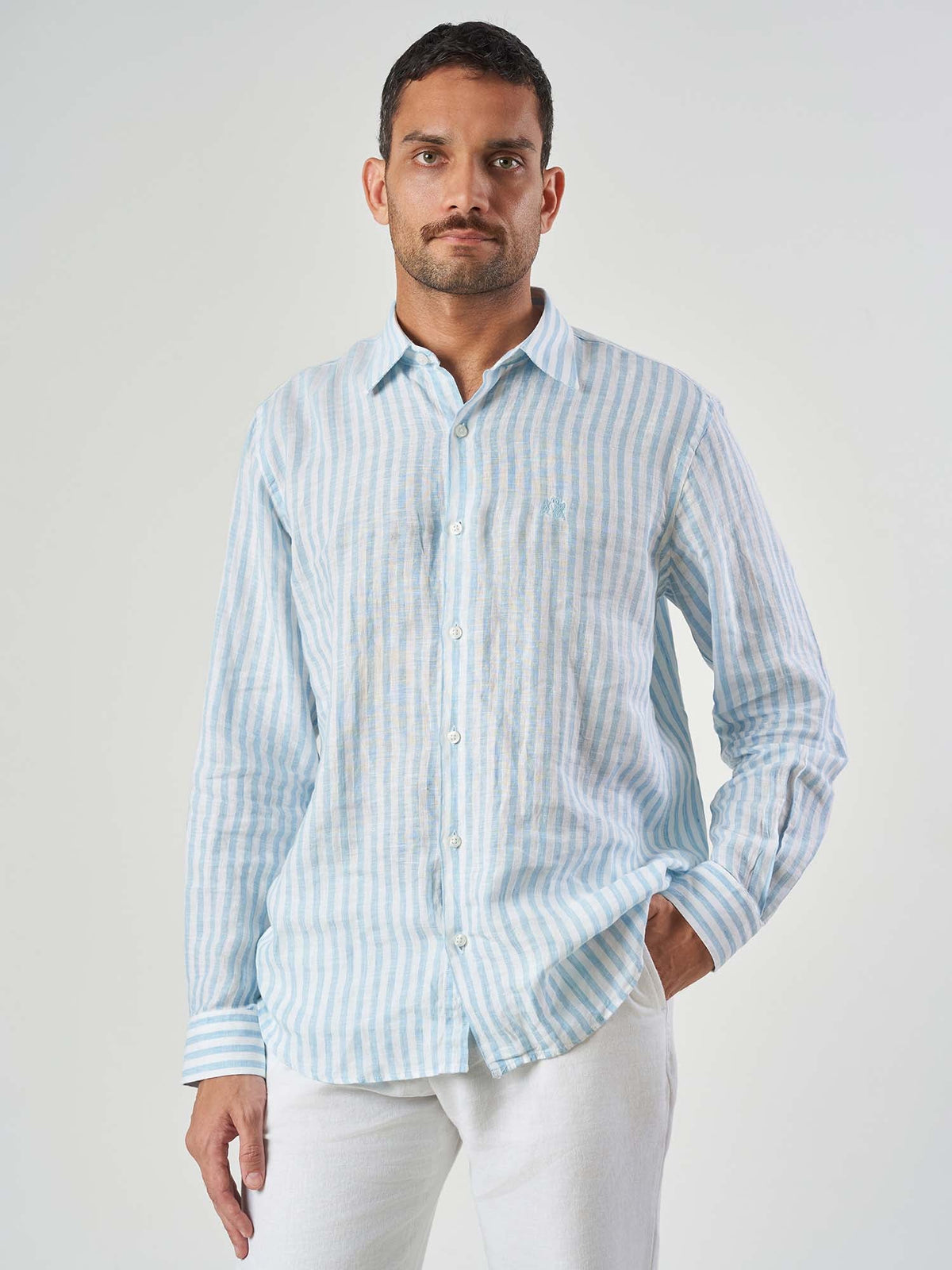 Blue Striped Linen Tailor Fit Shirt