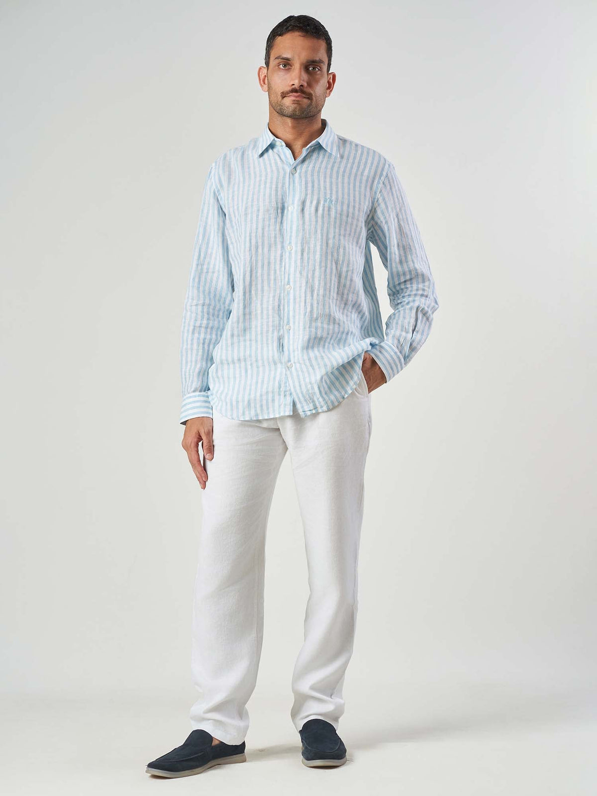 Blue Striped Linen Tailor Fit Shirt