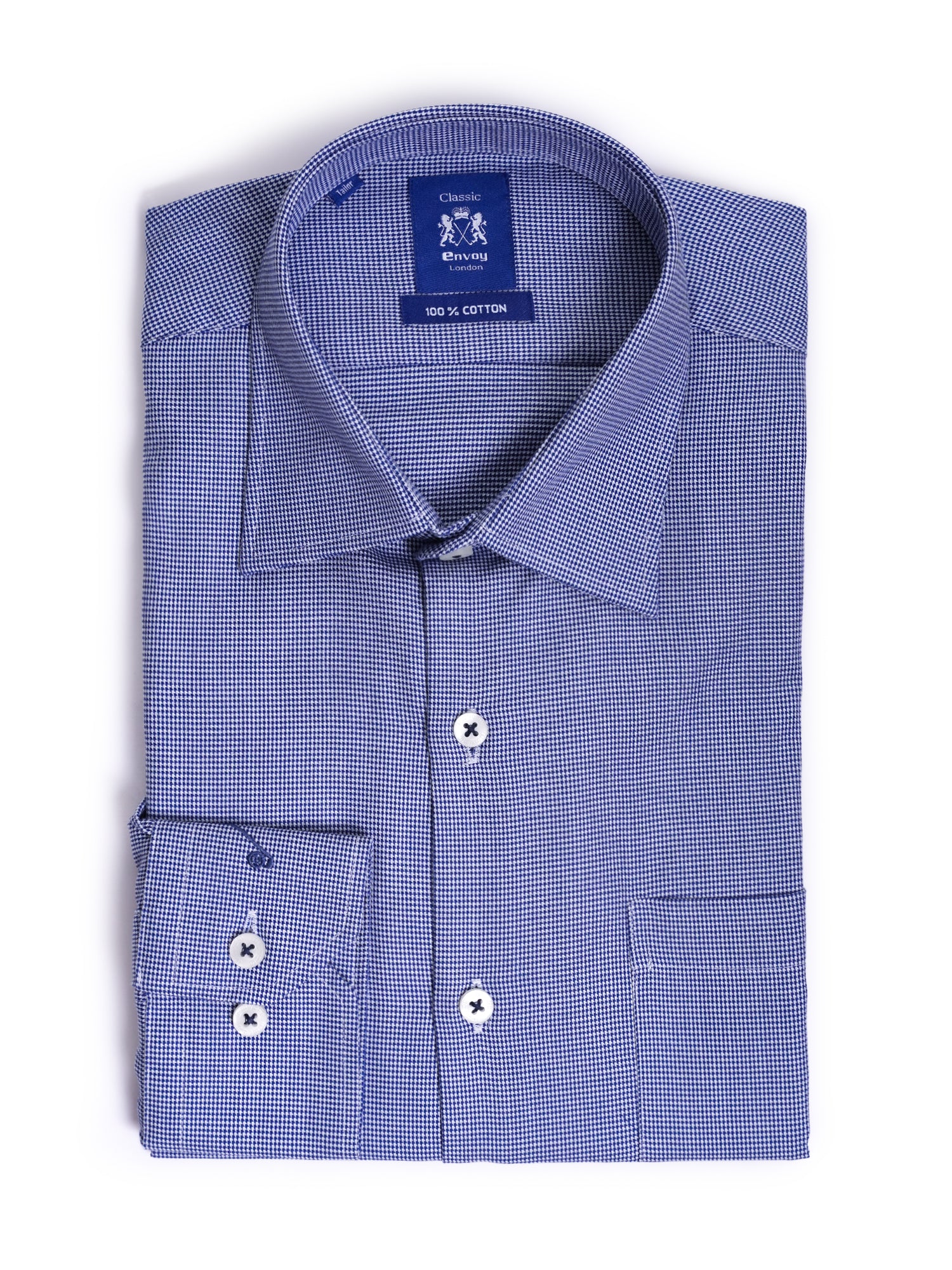 Dark Blue Houndstooth Cotton Tailored Fit Shirt