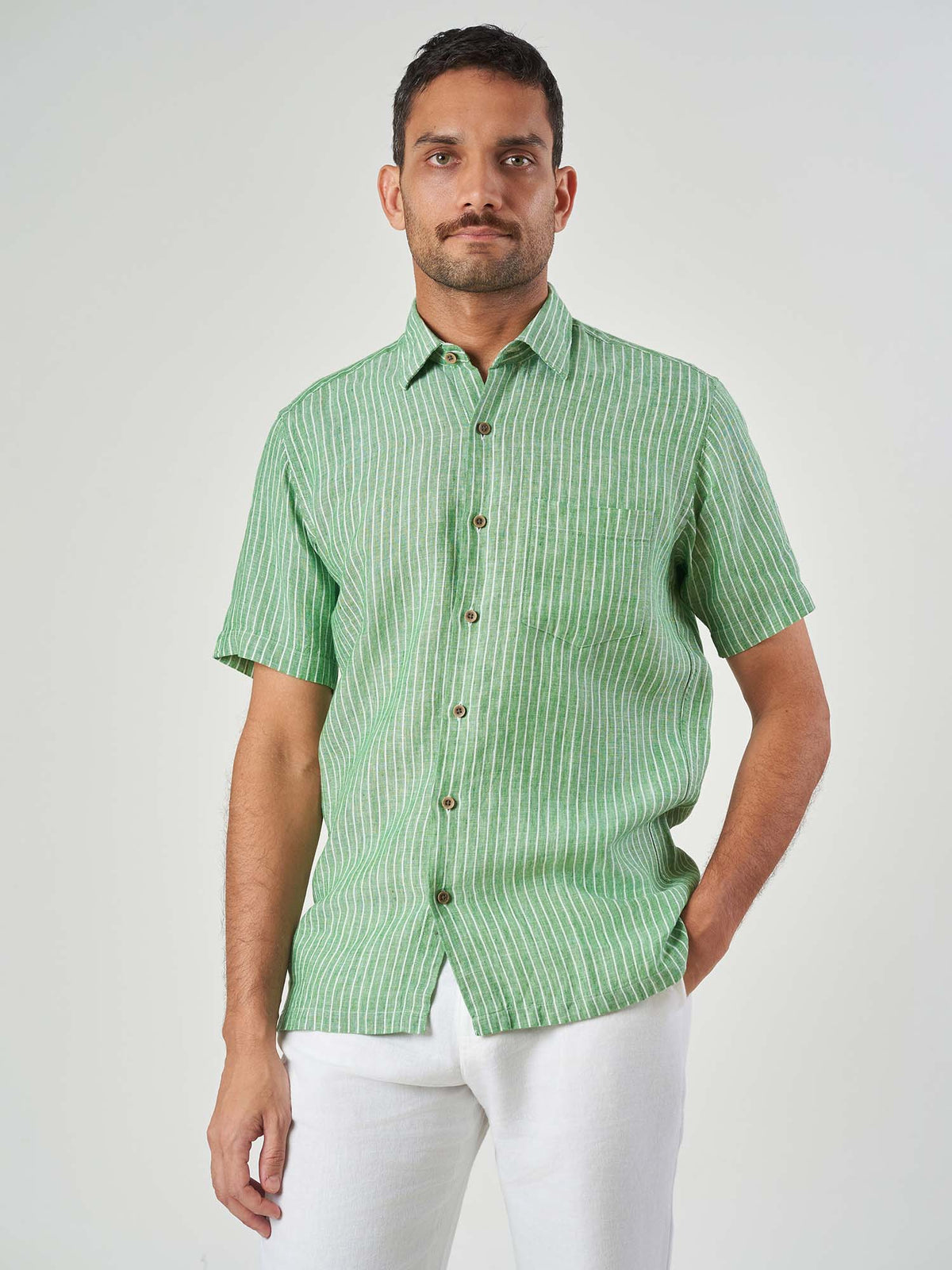 Green Striped Linen Regular Fit Shirt