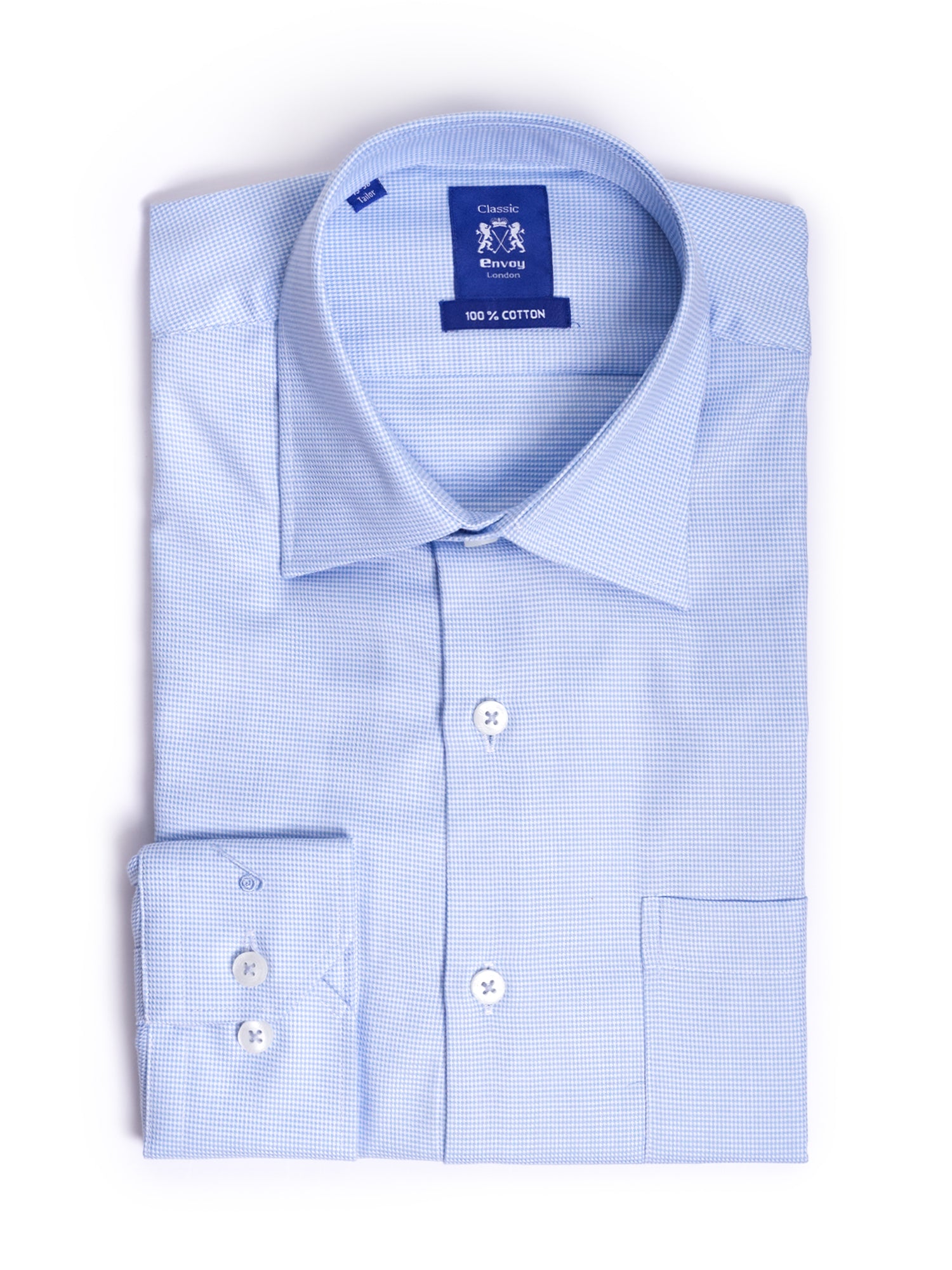 Light Blue Houndstooth Cotton Tailored Fit Shirt
