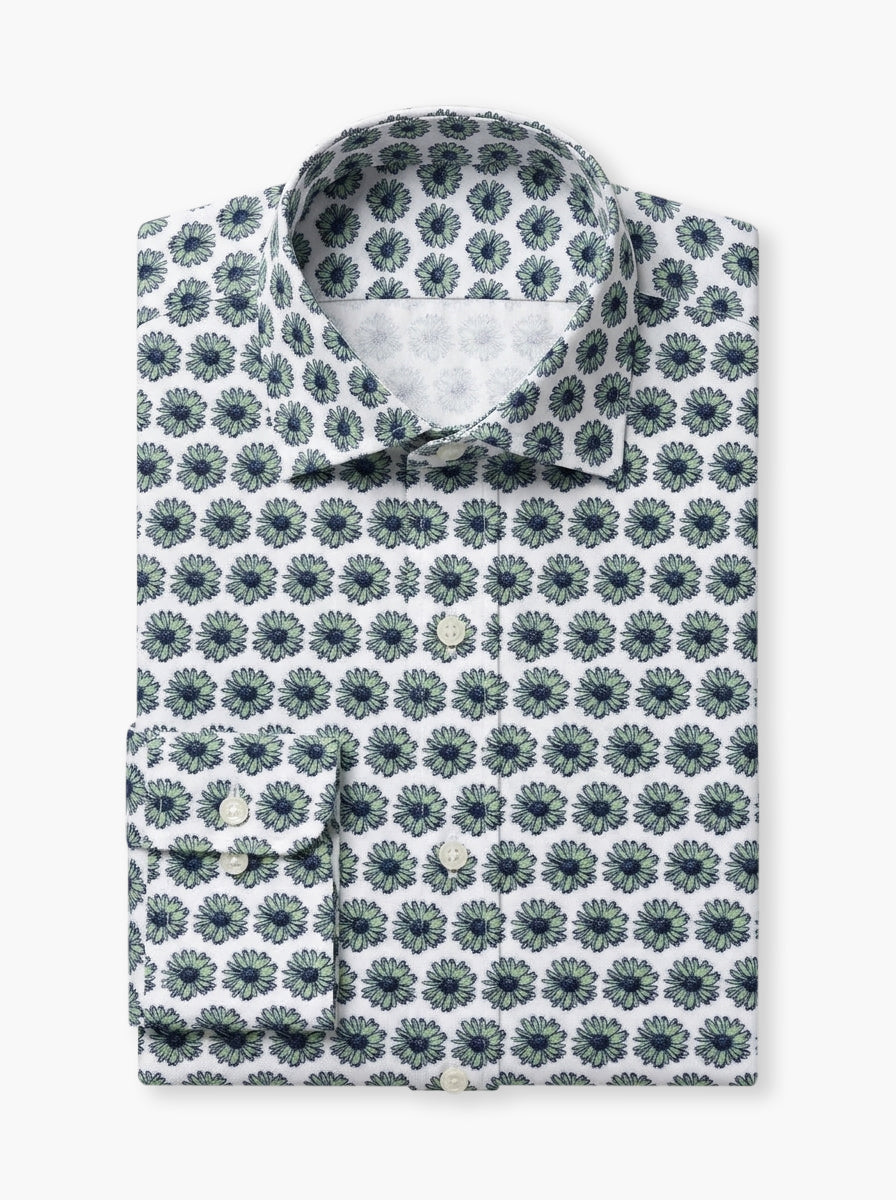 Green & White Floral Cotton Lycra Shirt