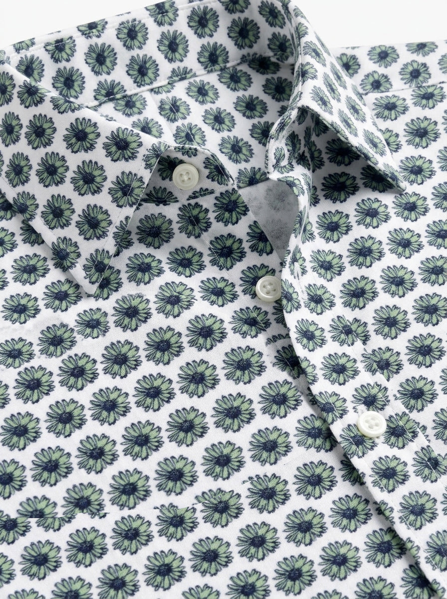Green & White Floral Cotton Lycra Shirt