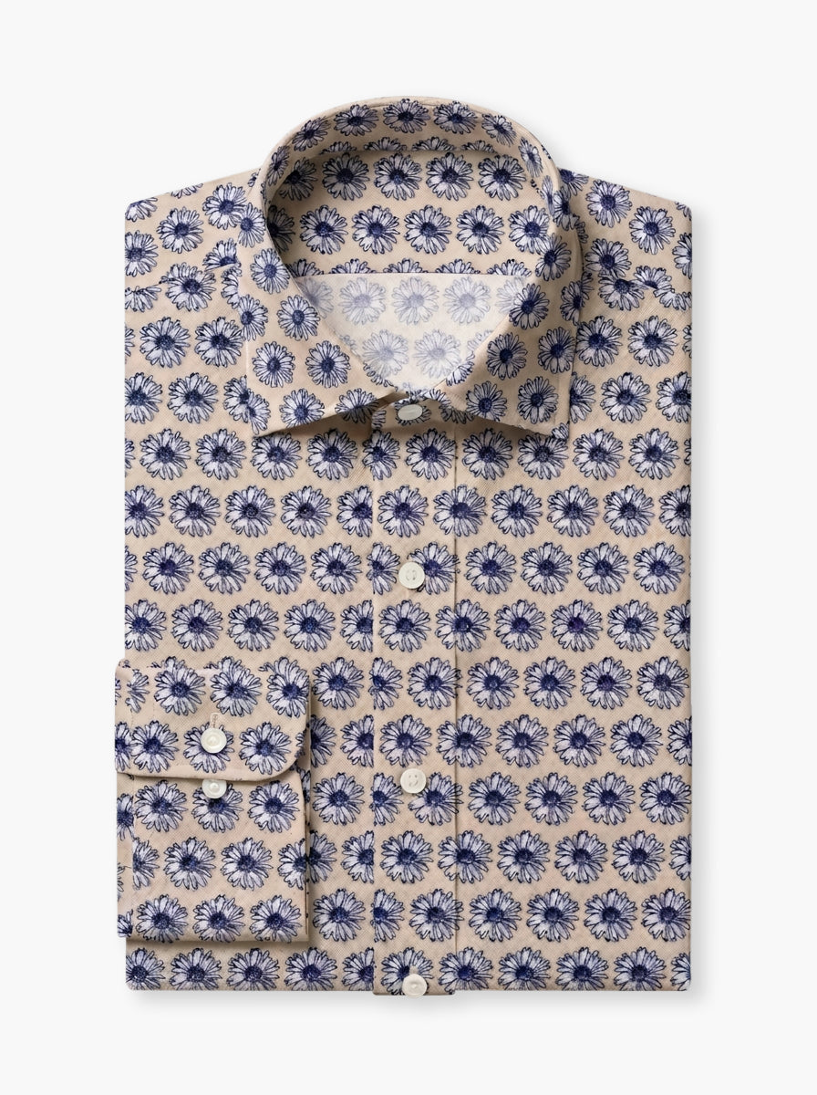 Blue, Cream & White Floral Cotton Lycra Shirt