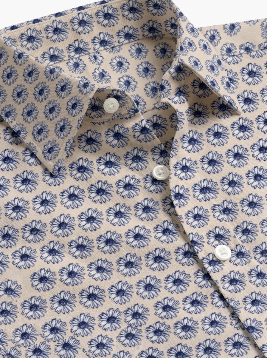 Blue, Cream & White Floral Cotton Lycra Shirt