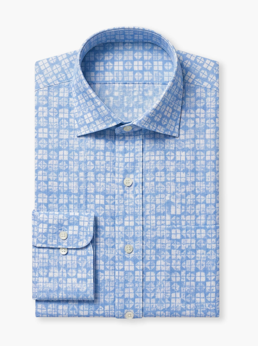 Sky Blue & White Patterned Cotton Lycra Shirt