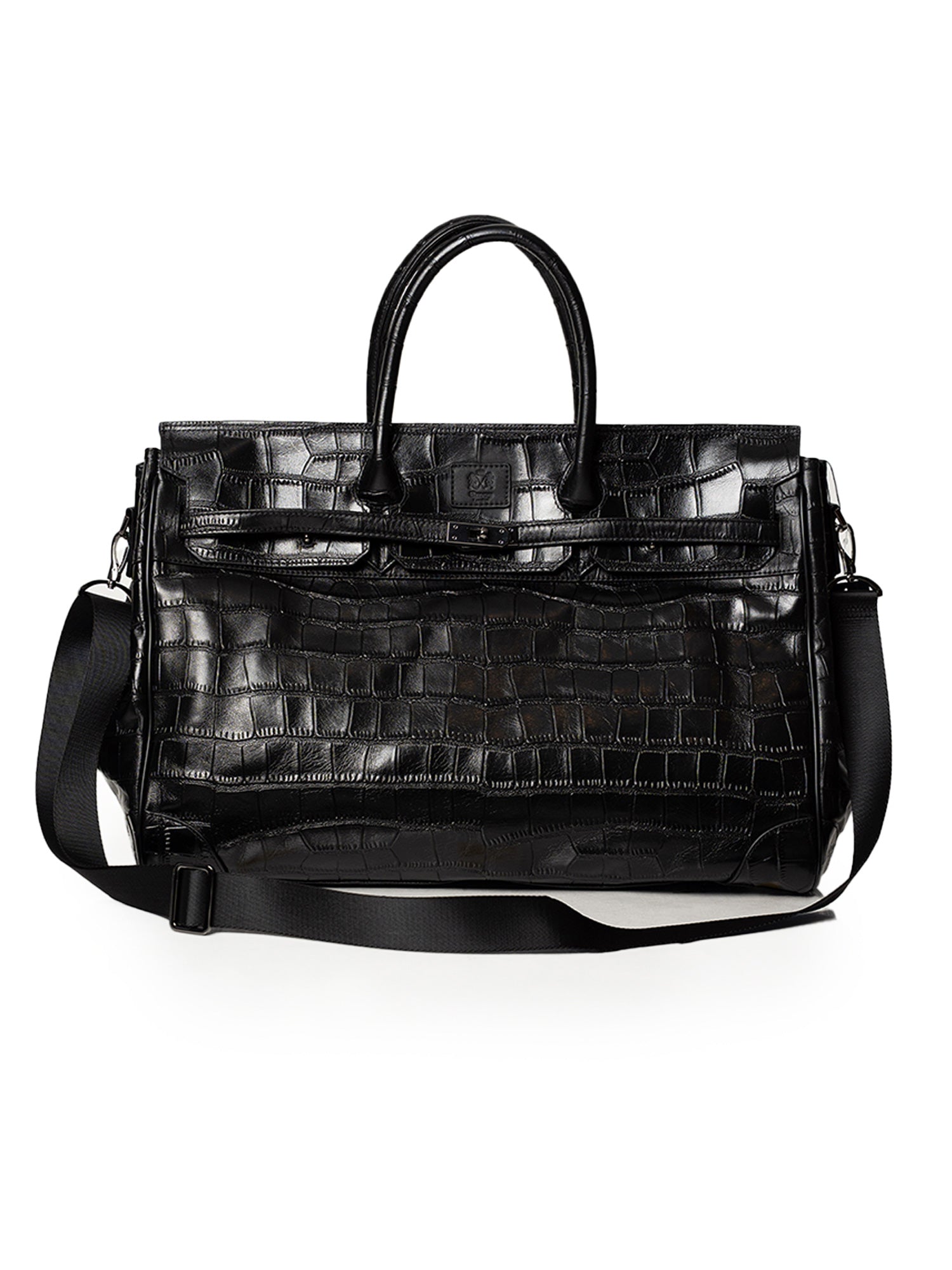 Black Crocodile Embossed Full-Grain Leather Travel Bag