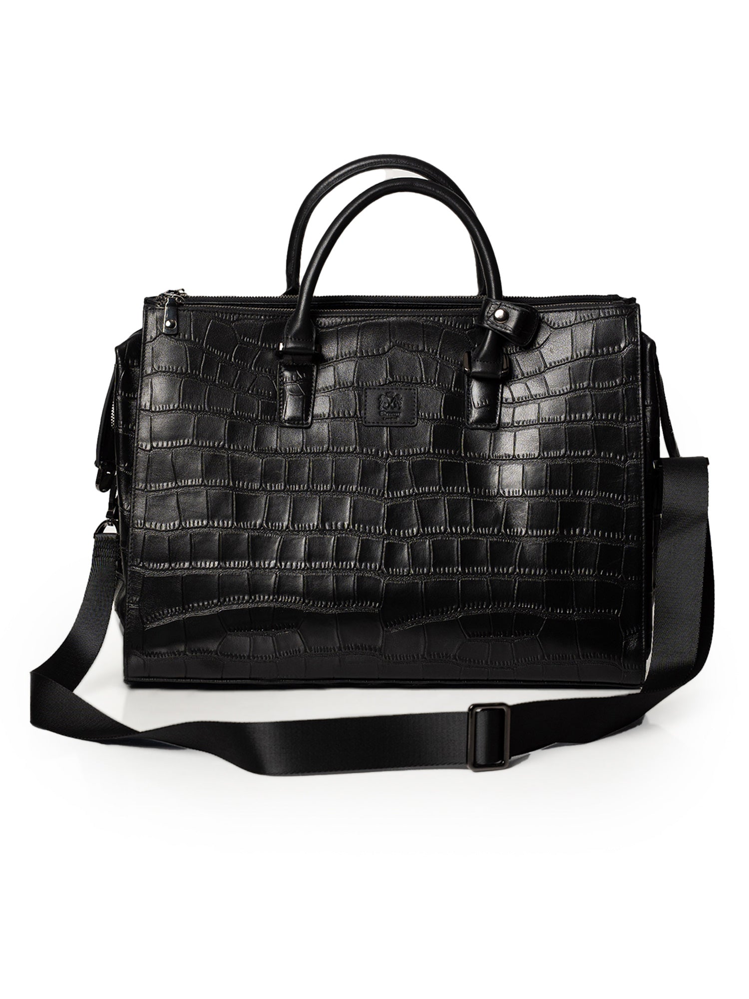 Black Crocodile Embossed Full-Grain Leather Travel & Messenger Bag