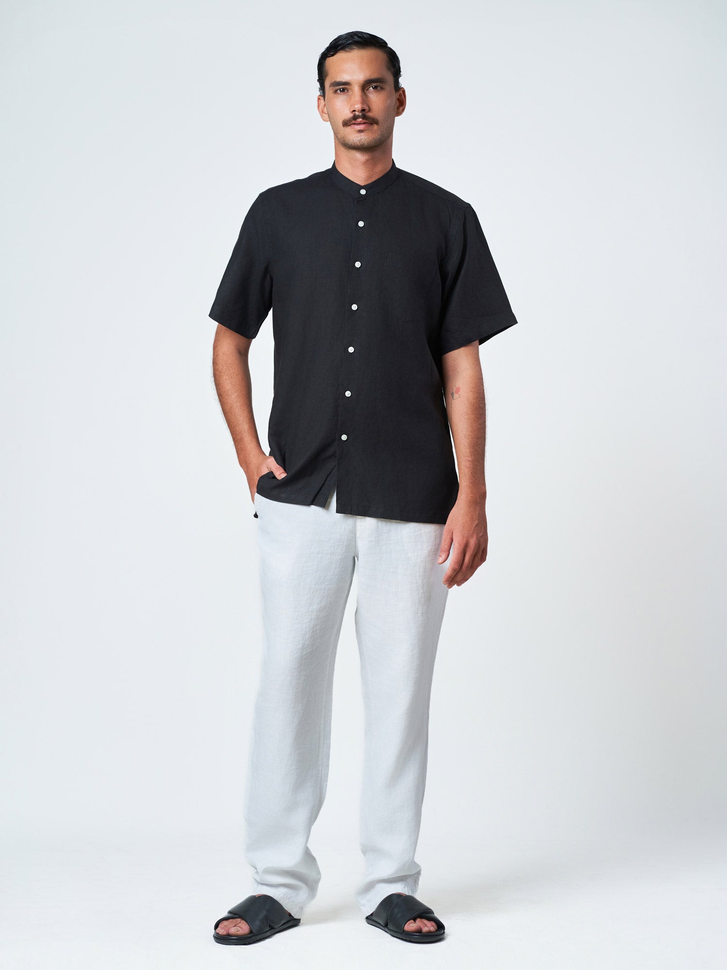 Black Plain Short Sleeve Tunic Collar Shirt