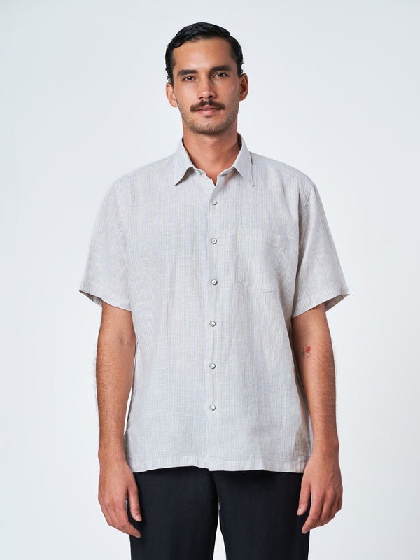 Grey Striped Short Sleeve Linen Shirt