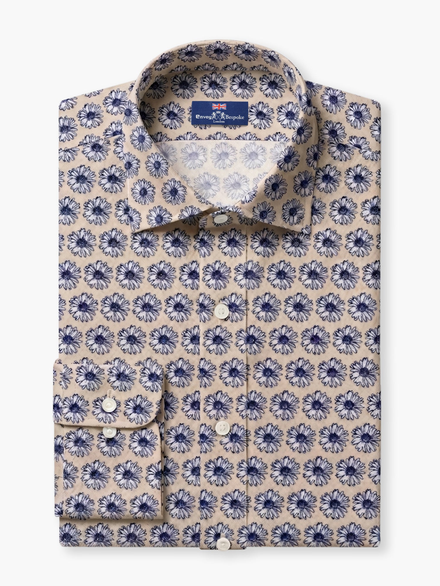 Beige Navy Floral Cotton Lycra Custom Shirt