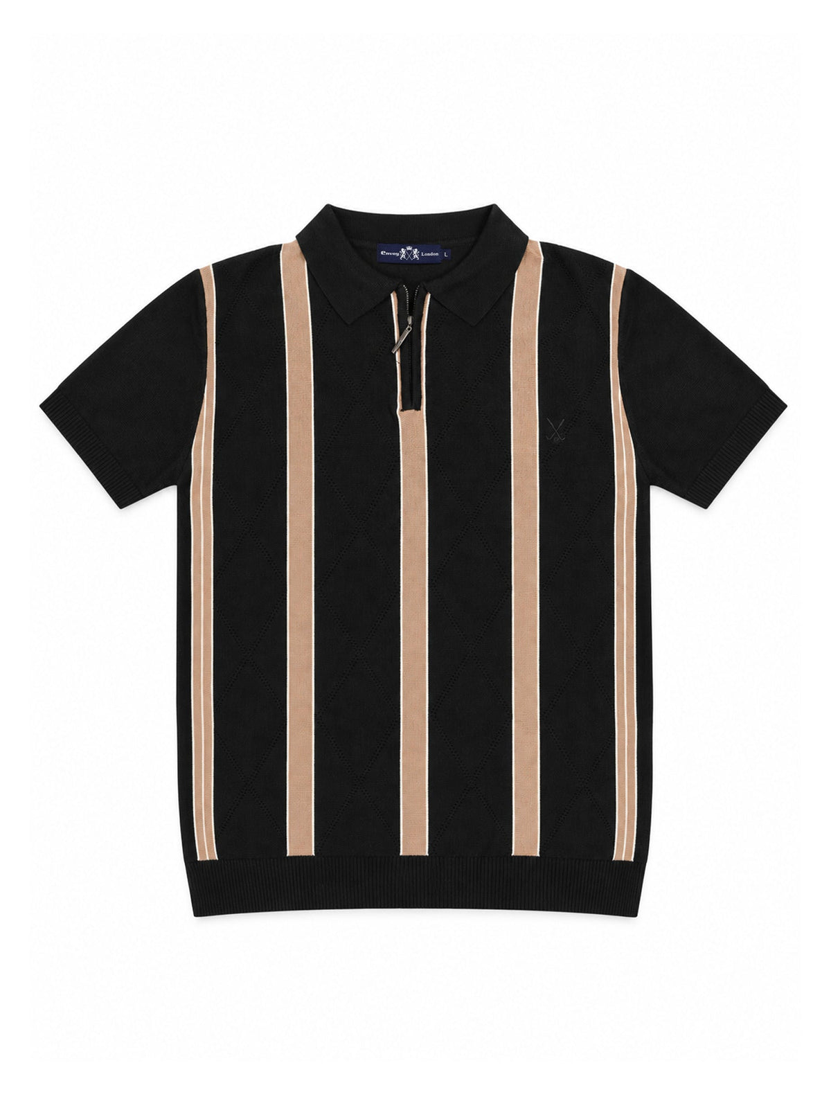Black Contrast Stripe Geometric Knit Polo Shirt