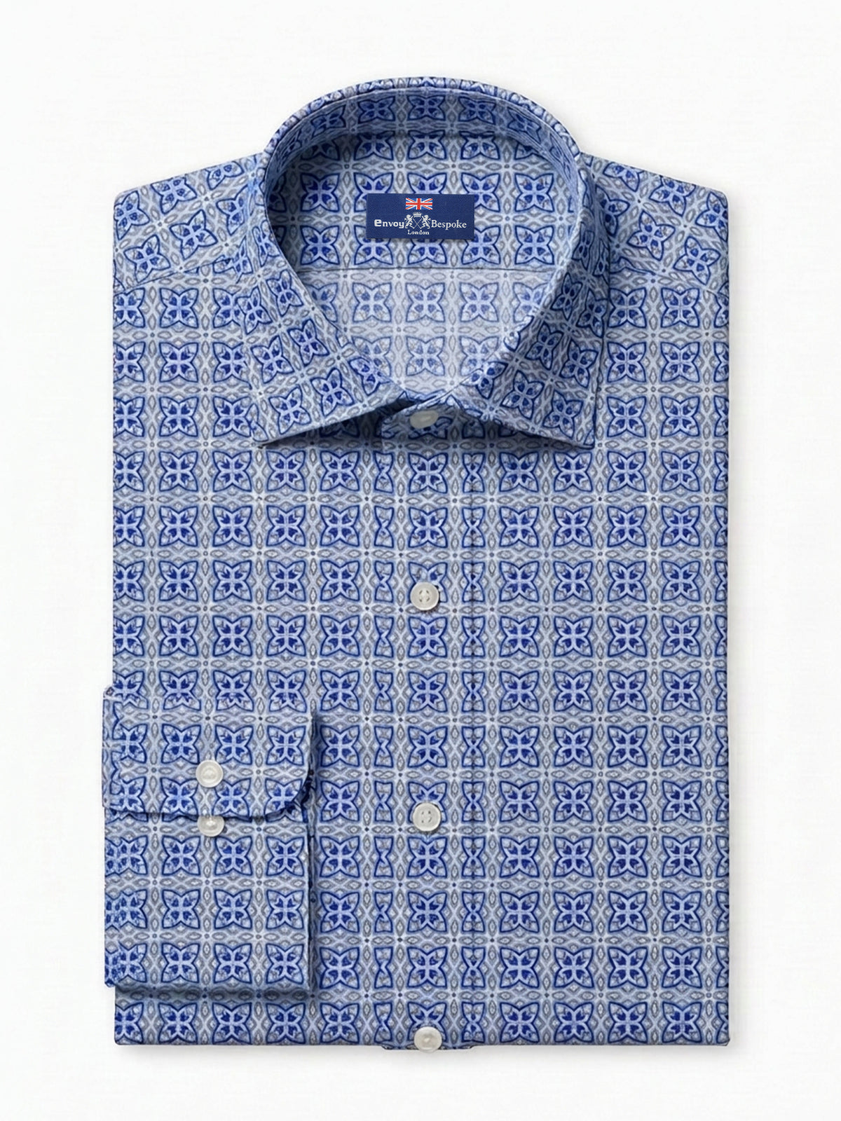 Blue Geometric Cotton Poplin Custom Shirt