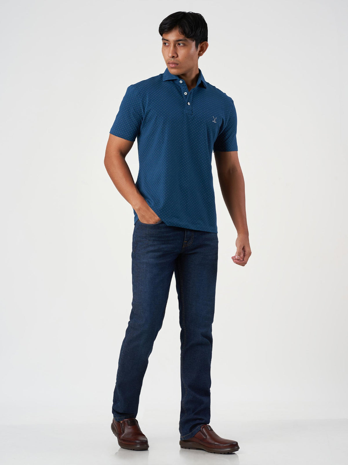 Blue Printed Cotton Lycra Polo T-Shirt