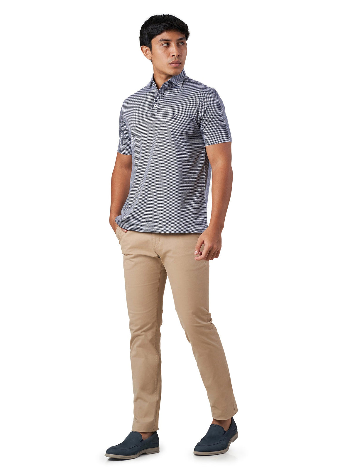 Dark Blue Printed Cotton Polo T-Shirt