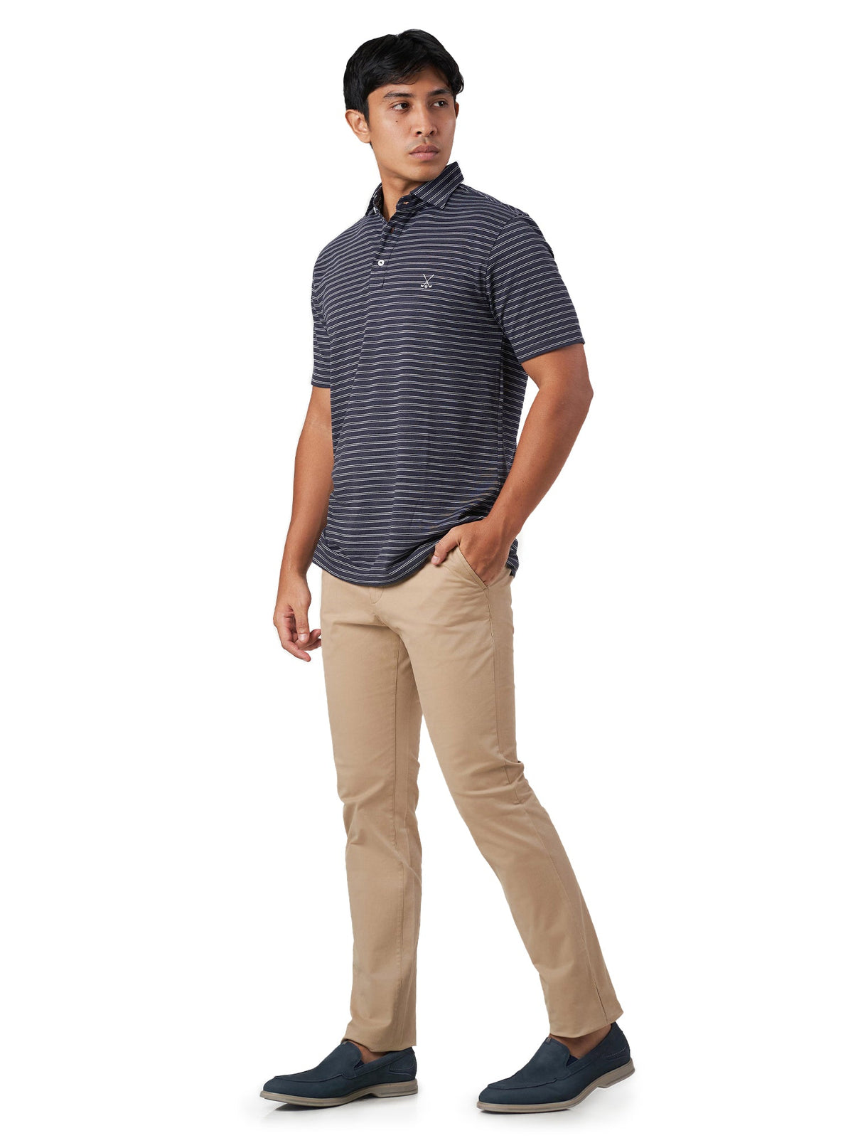 Dark Blue Striped Cotton Polo T-Shirt