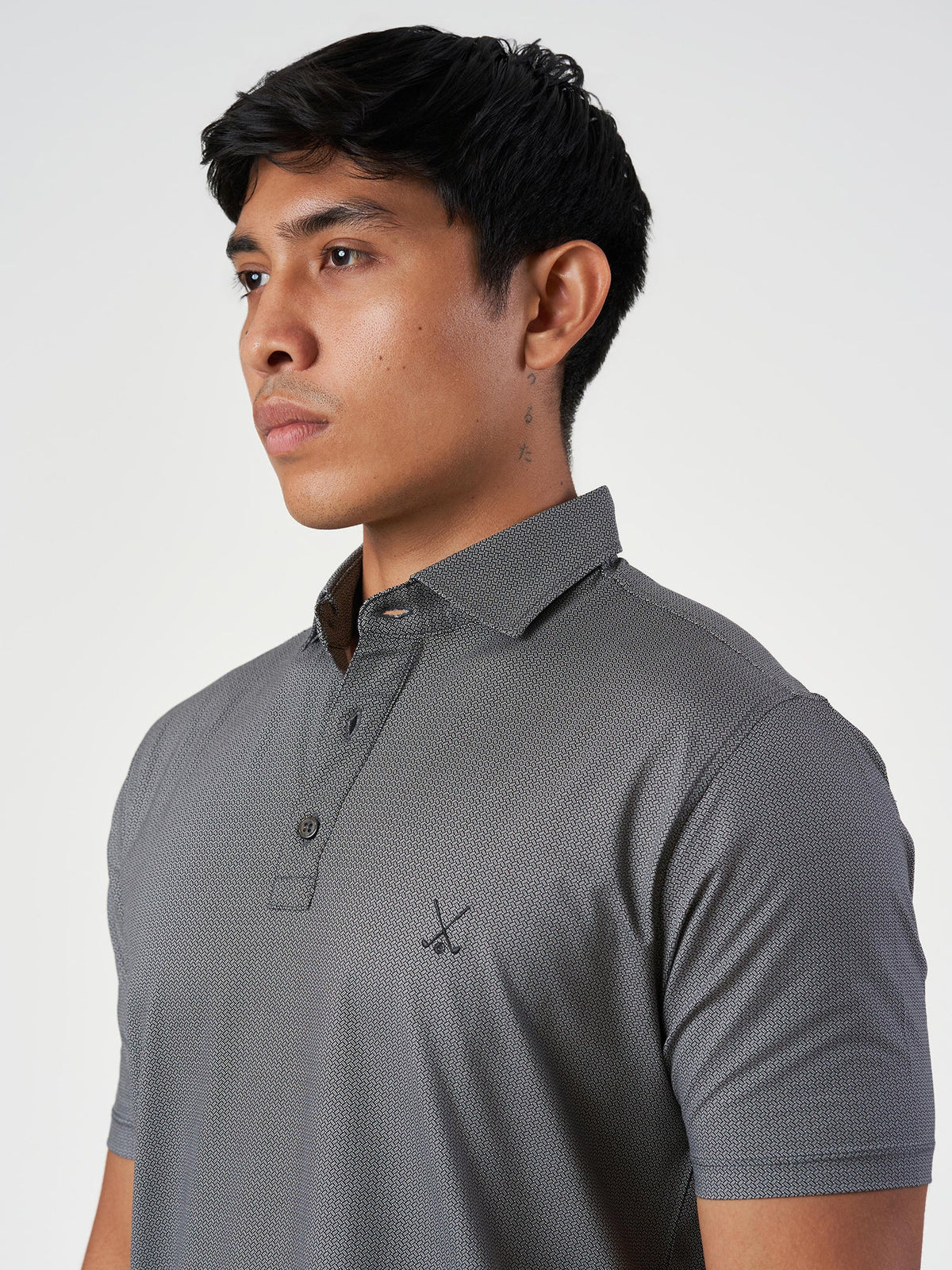 Grey Printed Cotton Polo T-Shirt