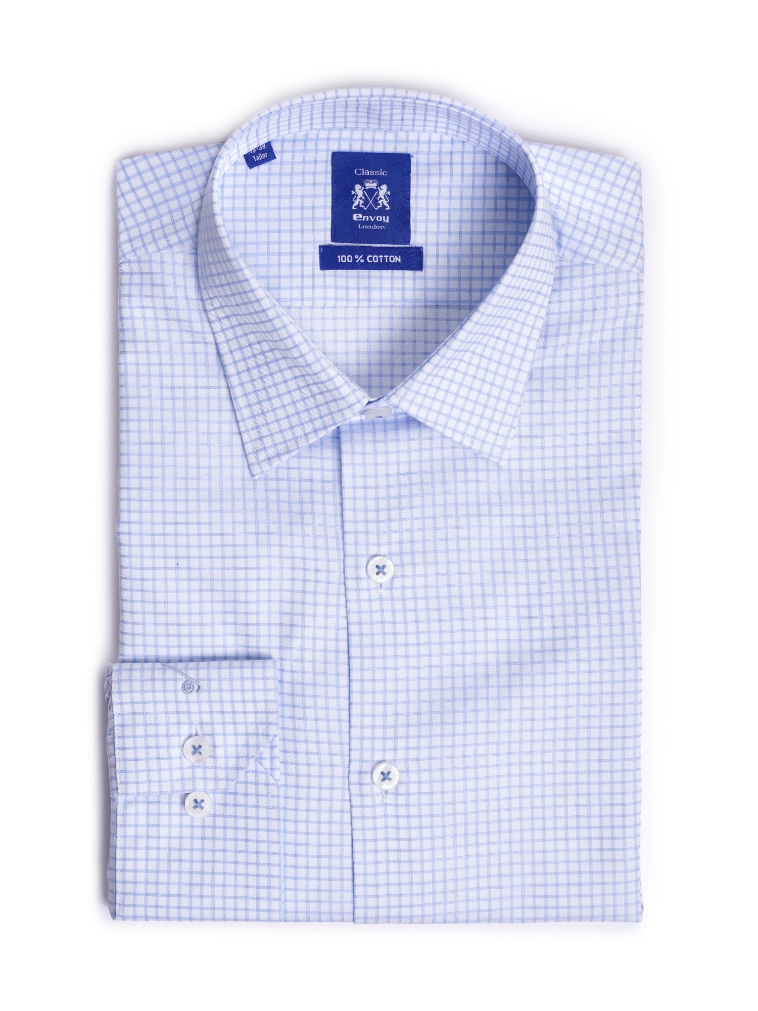 Light Blue Checked Cotton Tailored Fit Shirt