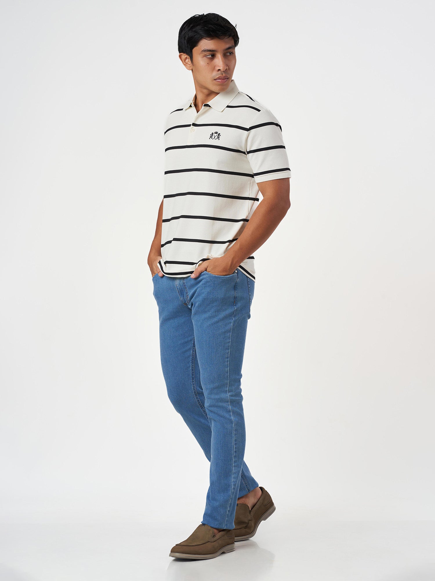 White Striped Cotton Polo T-Shirt